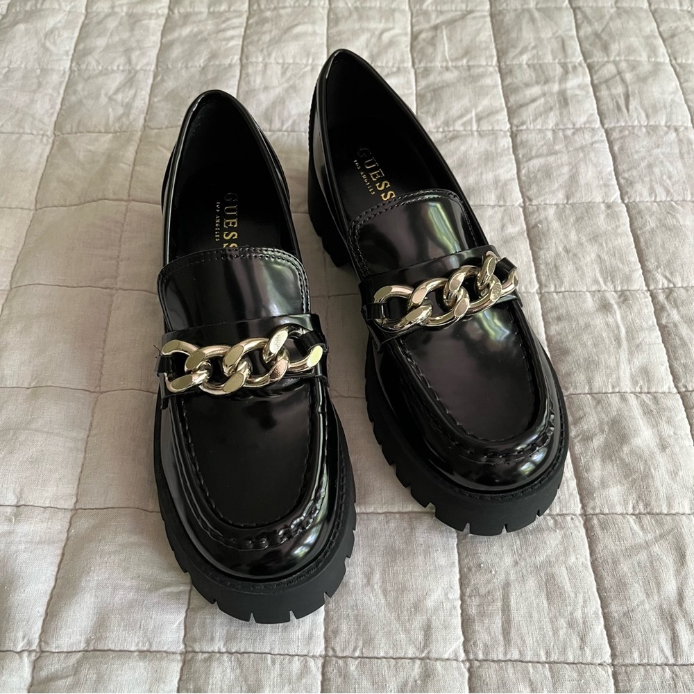 Guess Black Loafers with Gold Chain